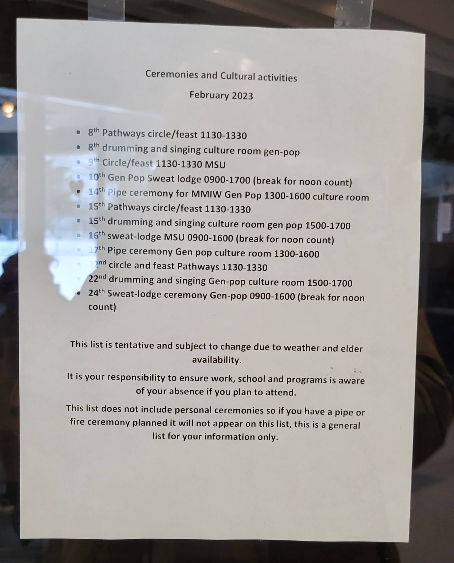 Photo of a poster showing the schedule of activities for Indigenous residents at Fraser Valley Institution.