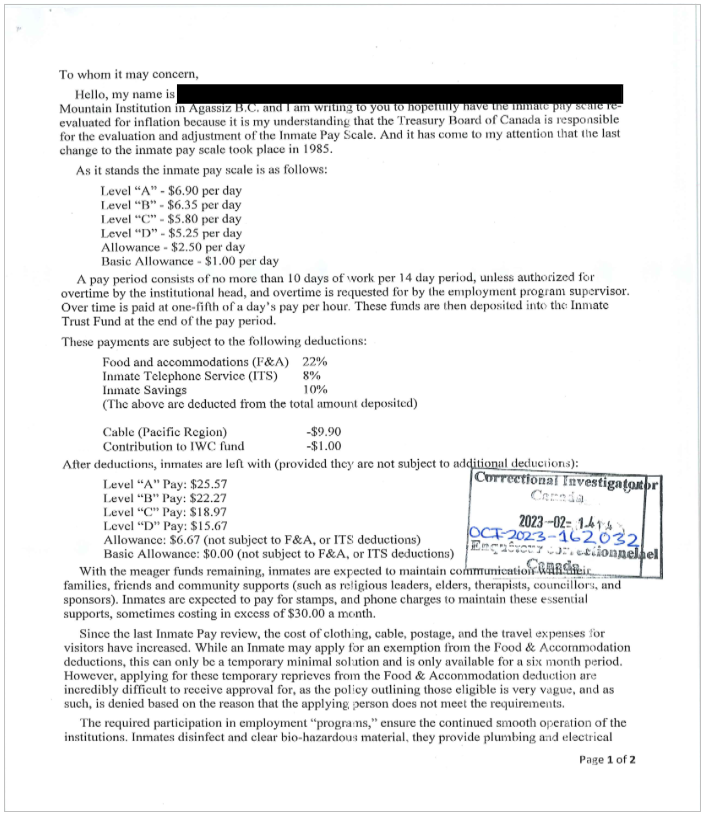 Images of the letter from the Inmate Welfare Committee at Mountain Institution and the Treasury Board's Response.