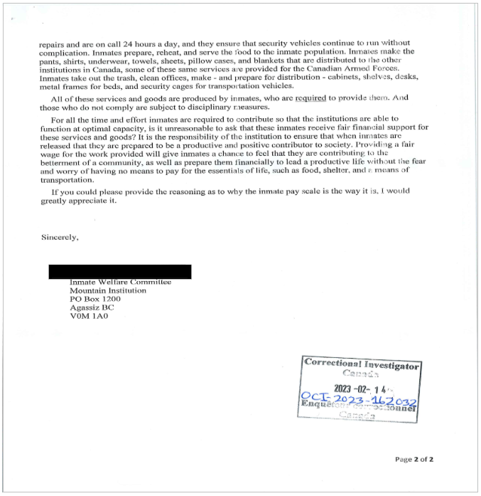 Images of the letter from the Inmate Welfare Committee at Mountain Institution and the Treasury Board's Response.